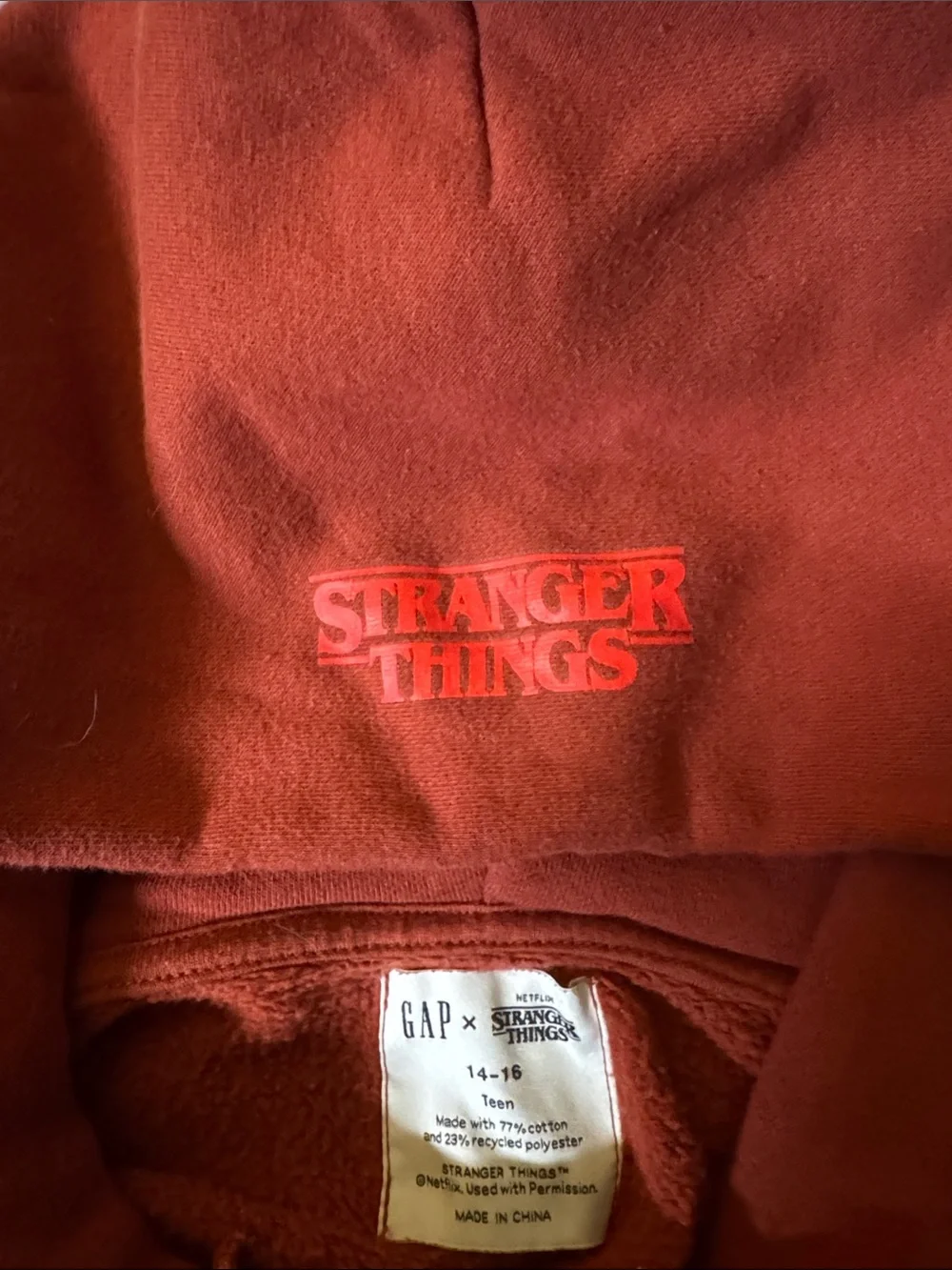 GAP Red Stranger Things Logo Hoodie with White Graphic
